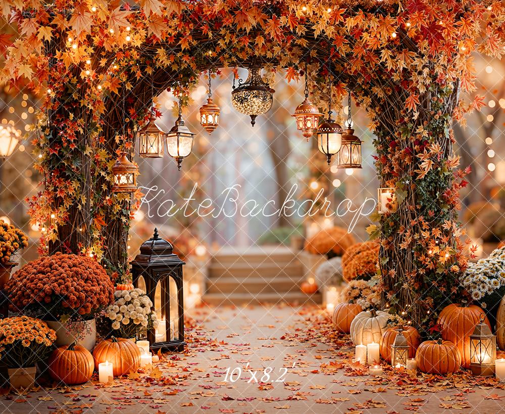 Kate Autumn Flower Arch Pumpkins Lanterns Fleece Backdrop Designed by Emetselch -UK