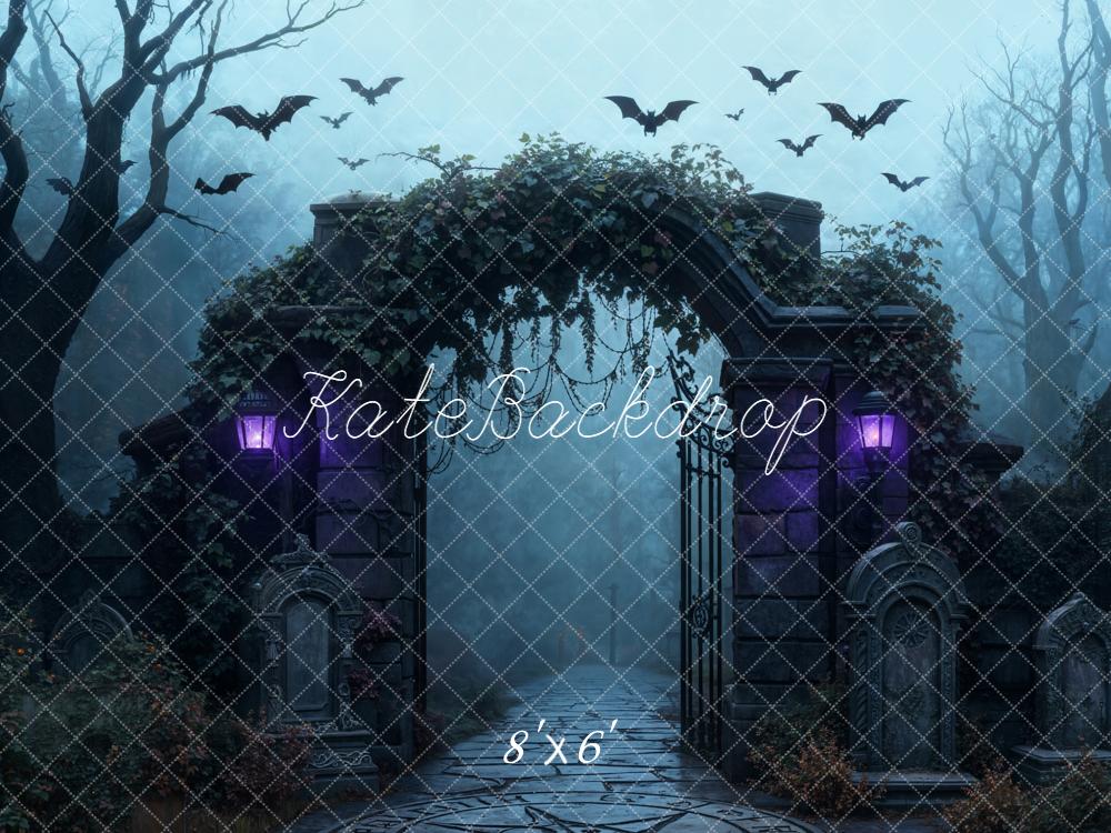 Kate Halloween Cemetery Arch Gate Bats Backdrop Designed by Emetselch