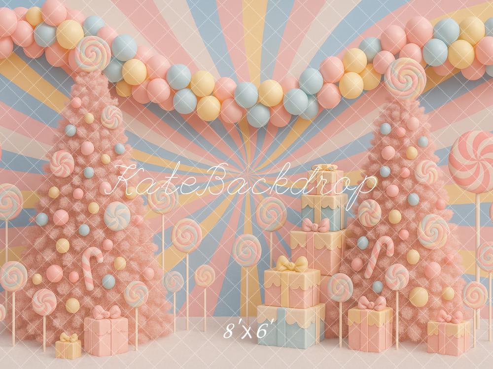Kate Christmas Pastel Candy Trees Presents Backdrop Designed by Ashley Paul
