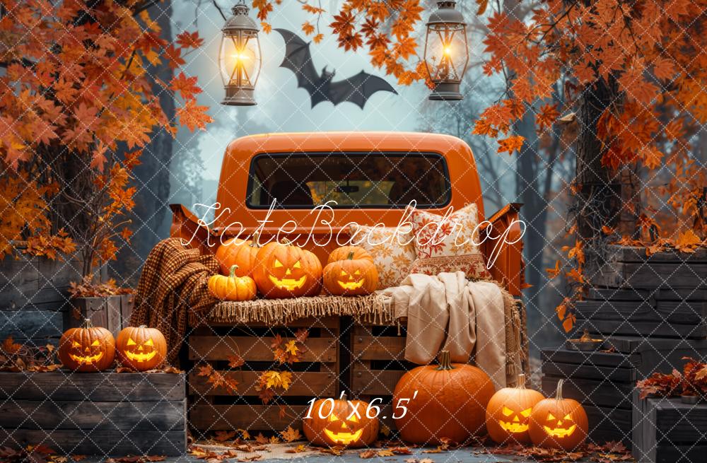 Kate Halloween Truck Pumpkins Autumn Forest Backdrop Designed by Emetselch -UK