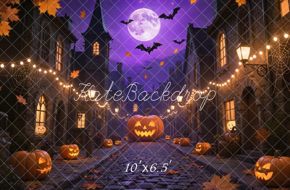 Kate Halloween Pumpkin Cobblestone Street Purple Backdrop Designed by Emetselch -UK