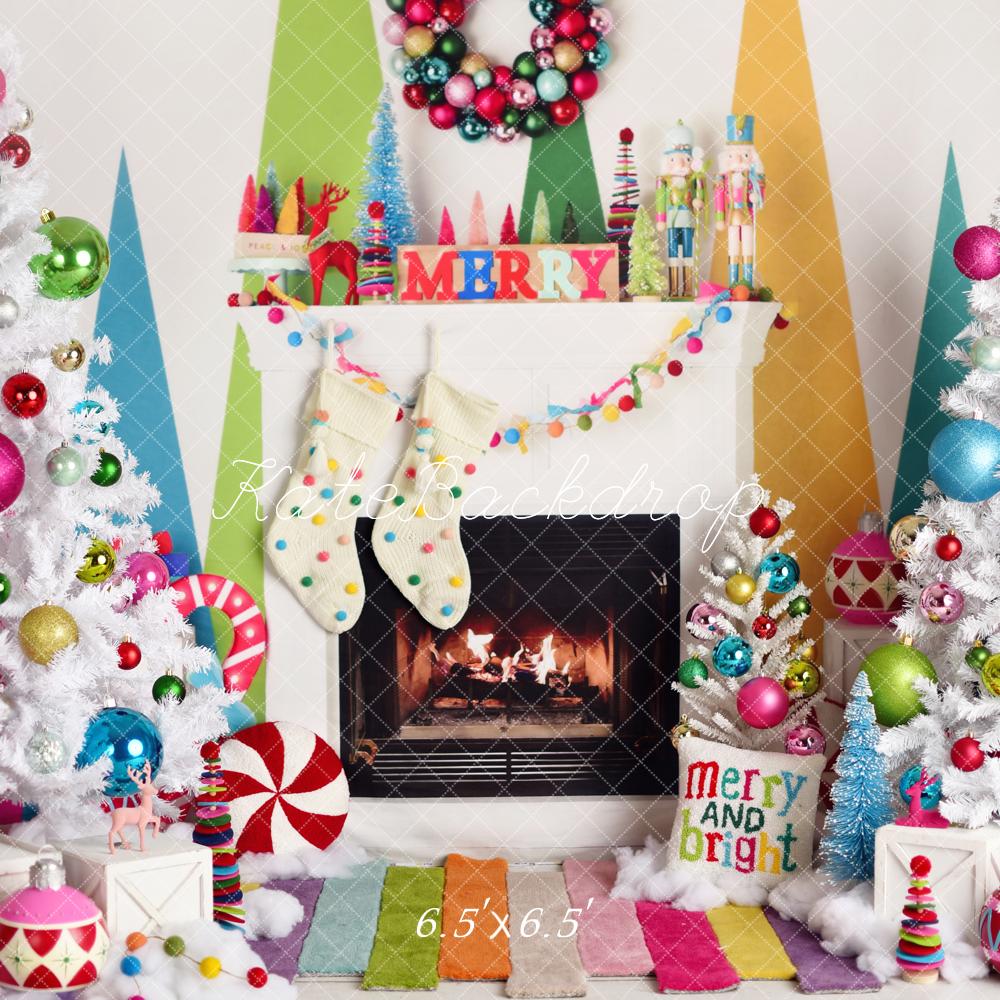 Kate Christmas Fireplace Bright Decorations Backdrop Designed by Mandy Ringe Photography -UK