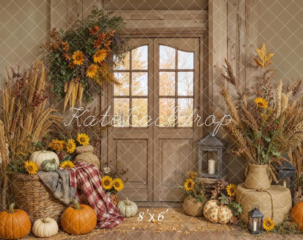 Kate Autumn Pumpkins Rustic Room Fleece Backdrop Designed by Emetselch -UK