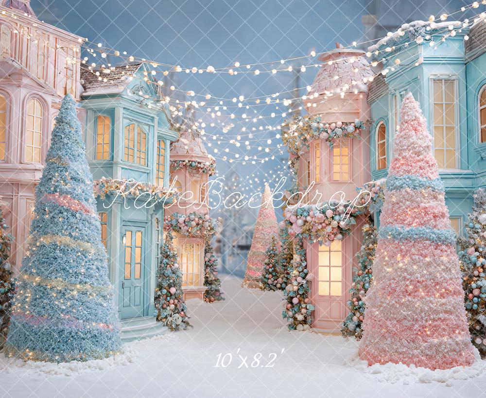 Kate Christmas Pastel Village Trees Backdrop Designed by Ashley Paul