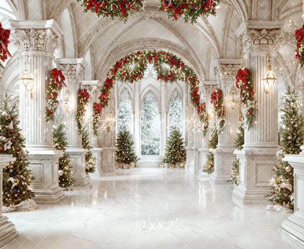 Kate Christmas Palace Arches Pine Garland Fleece Backdrop Designed by Emetselch -UK