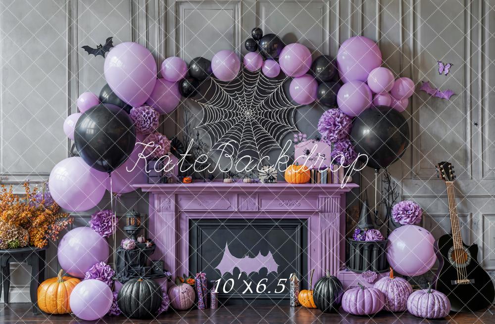 Kate Halloween Purple Balloons Spiderweb Fireplace Backdrop Designed by Emetselch -UK