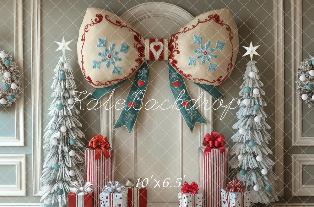 Kate Christmas Bow Frosted Trees Gifts Backdrop Designed by Mini MakeBelieve -UK