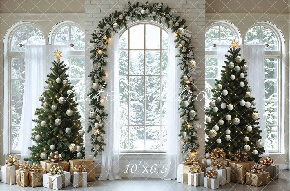 Kate Christmas Trees Arched Window Presents Backdrop Designed by Mini MakeBelieve -UK
