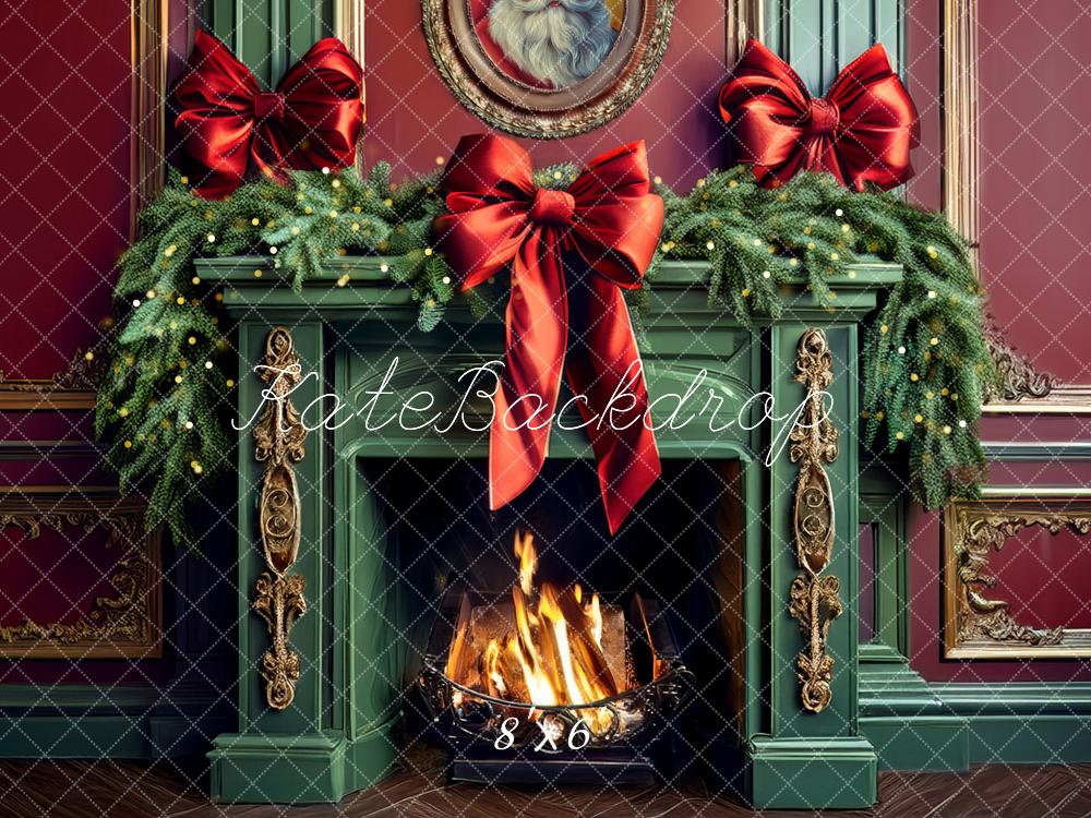 Kate Christmas Green Fireplace Bow Backdrop Designed by Mandy Ringe Photography -UK