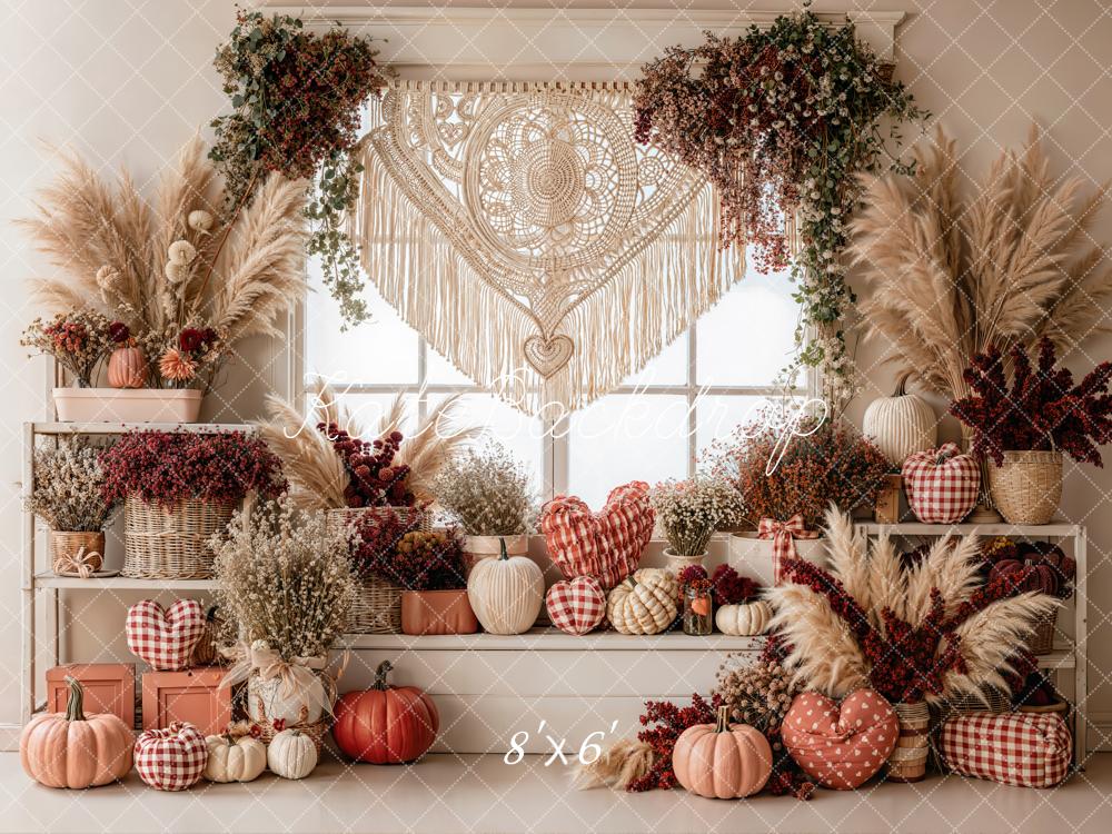 Kate Autumn Boho Pumpkins Macrame Window Fleece Backdrop Designed by Emetselch -UK