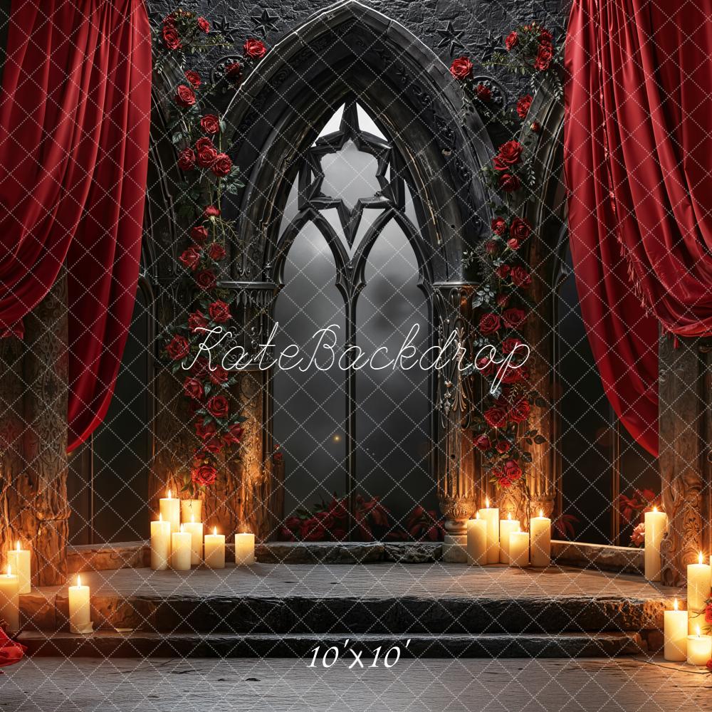 Kate Gothic Arch Red Roses Curtain Candles Backdrop Designed by Emetselch -UK