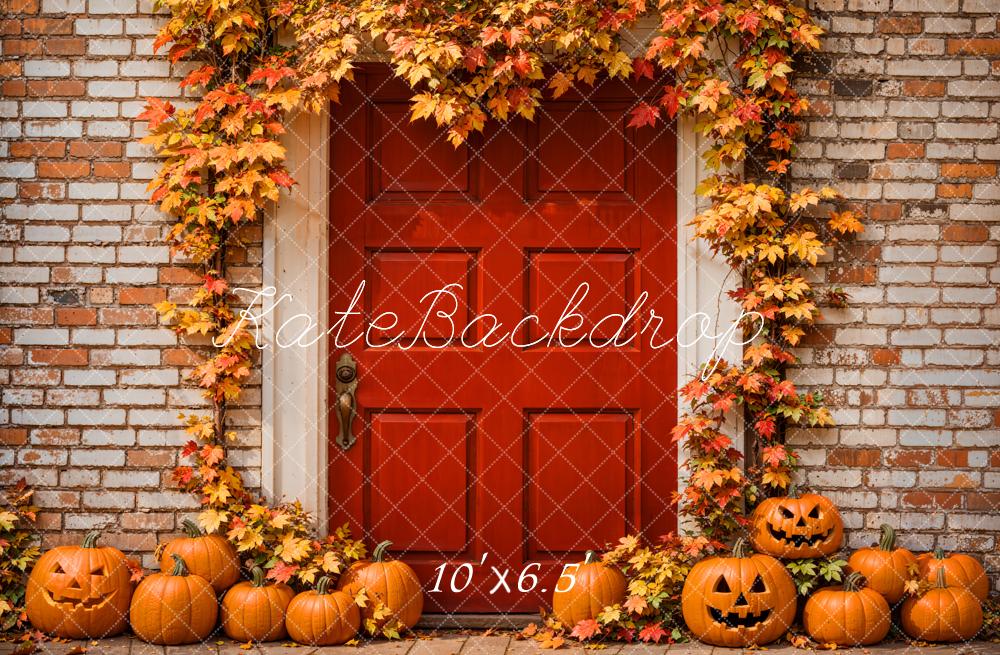 Kate Autumn Halloween Maple Leaves Red Door Backdrop Designed by Emetselch -UK