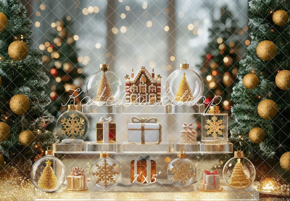 Kate Christmas Trees Ornaments Gingerbread Gold Backdrop Designed by Mini MakeBelieve -UK