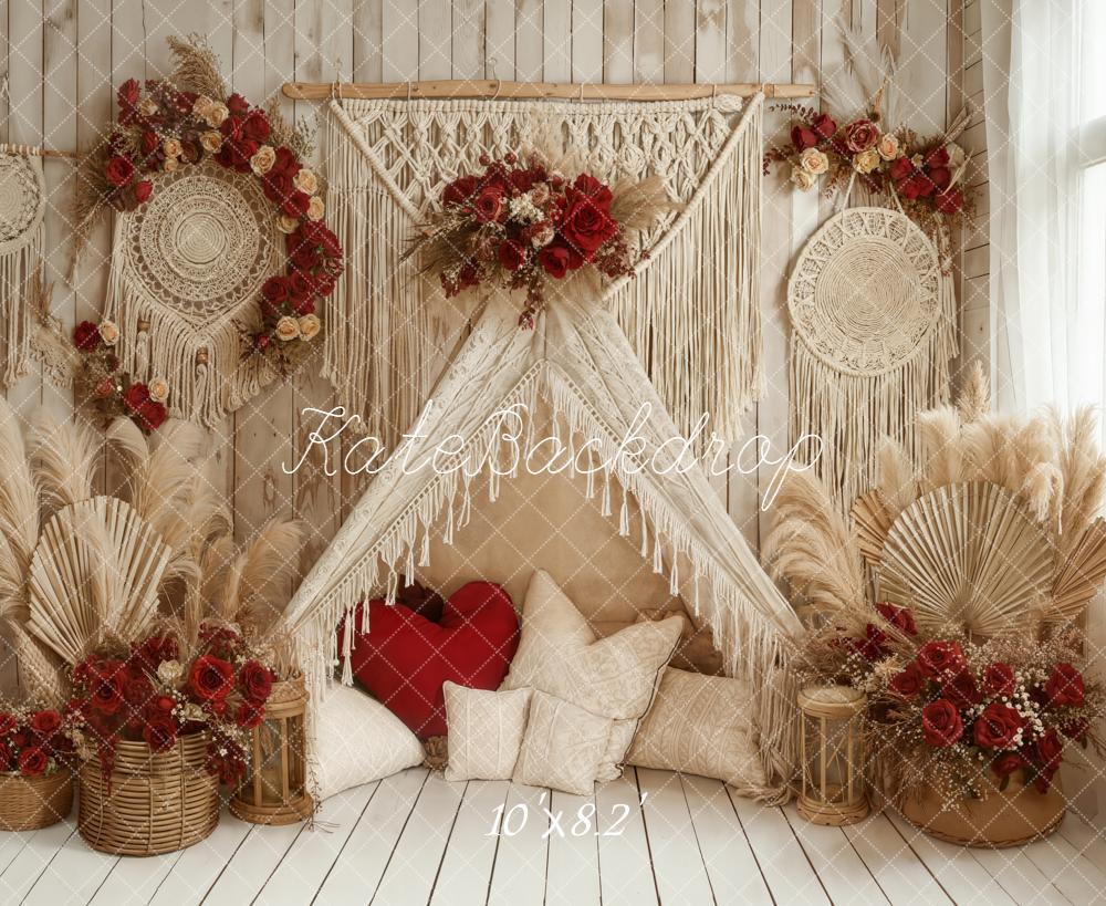 Kate Boho Macrame Pampas Grass Red Floral Backdrop Designed by Emetselch -UK