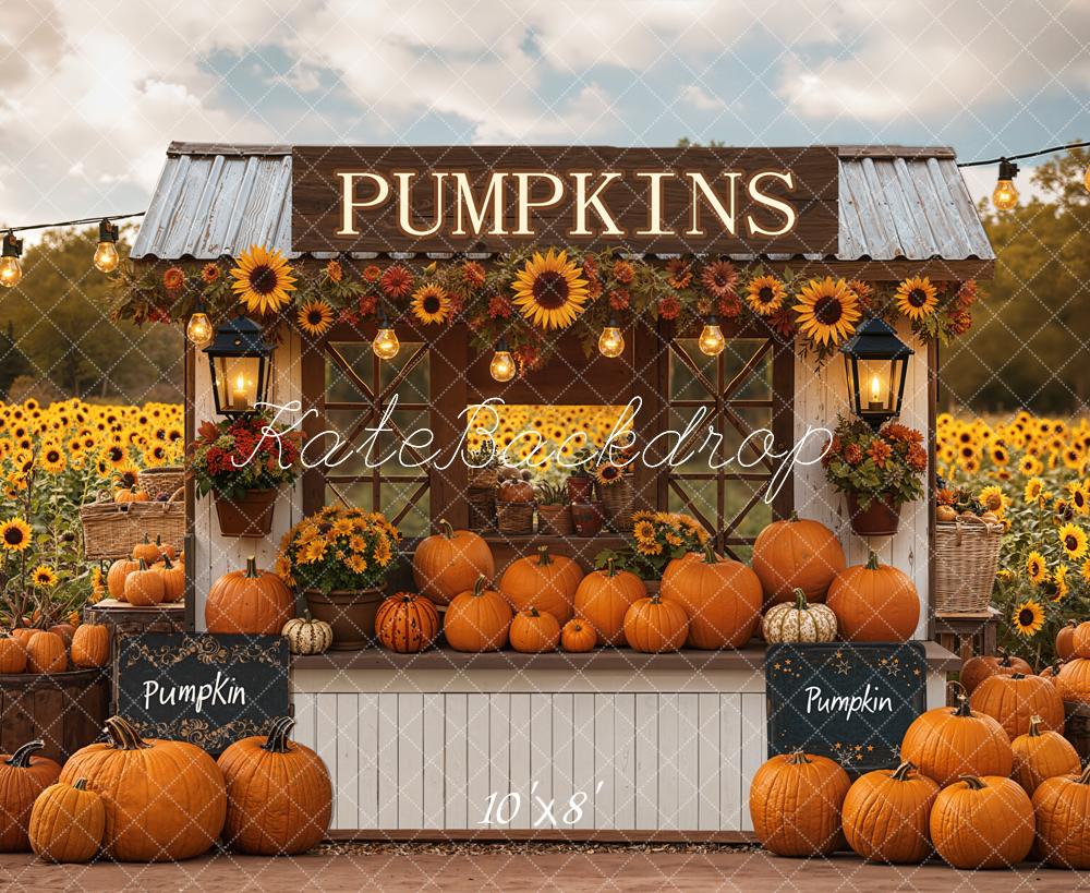 Kate Pumpkin Stand Sunflowers Autumn Fleece Backdrop Designed by Emetselch -UK