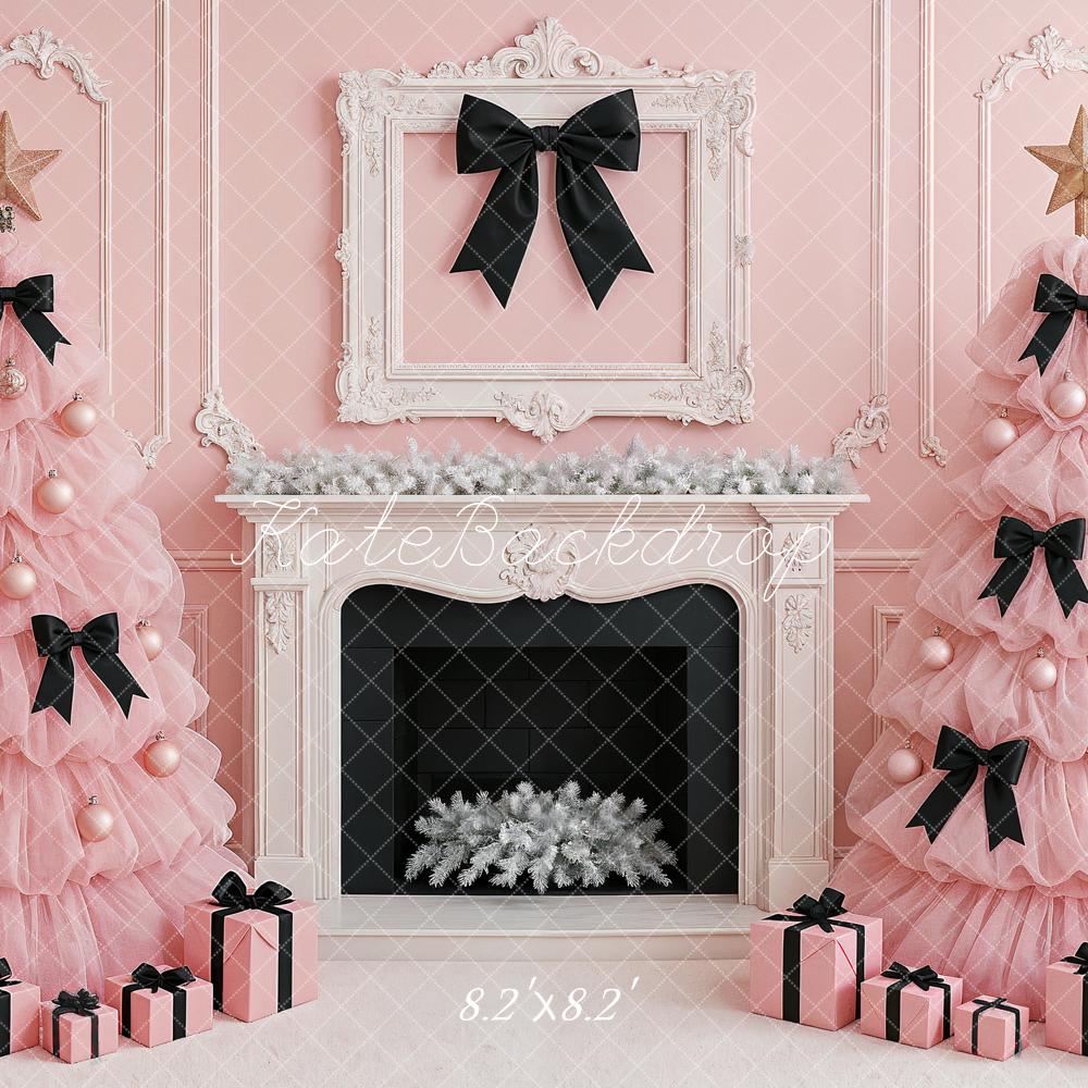 Kate Christmas Pink Trees Black Bows Fireplace Backdrop Designed by Ashley Paul