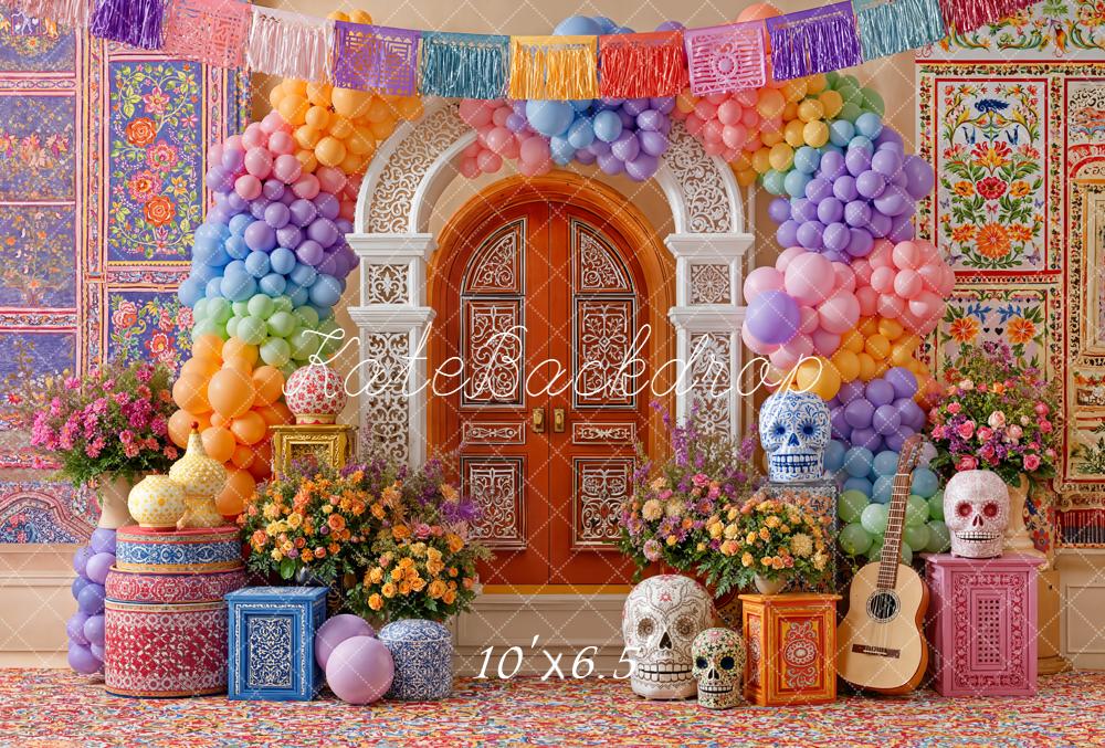 Kate Day Of The Dead Colourful Balloons Skulls Fleece Backdrop Designed by Emetselch -UK