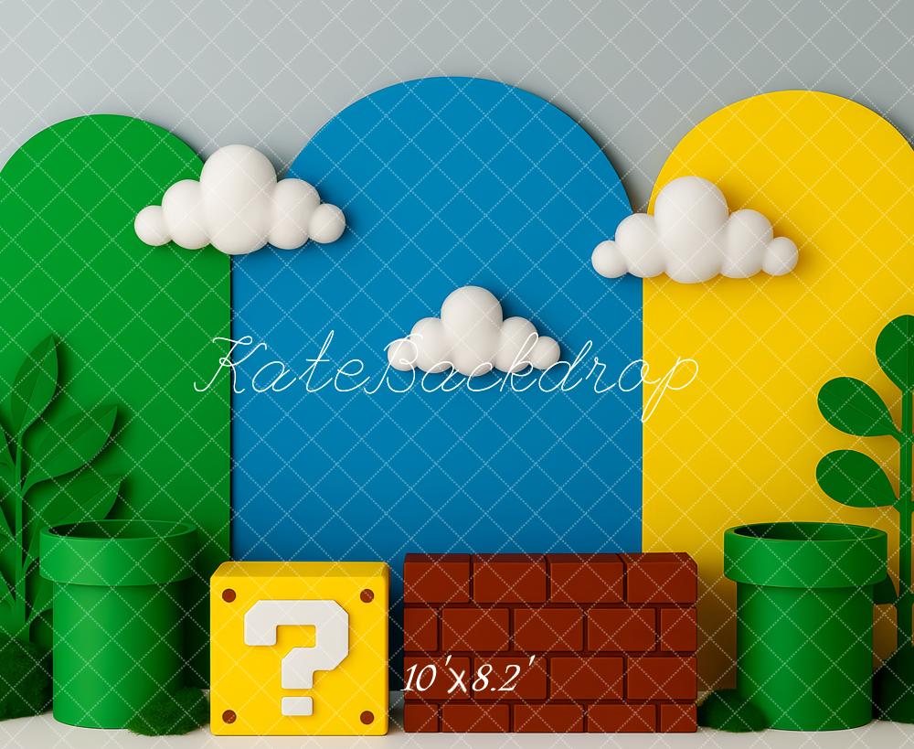 Kate Game Pipes Block Brick Clouds Backdrop Designed by Patty Robert