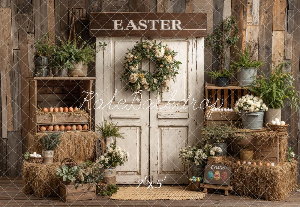 On Sale Kate Easter Rustic Door Hay Eggs Backdrop Designed by Emetselch
