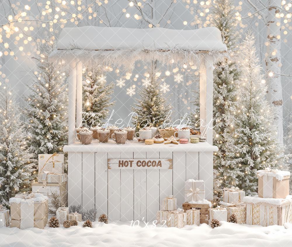 Kate Christmas Hot Cocoa Stand Snowy Trees Fleece Backdrop Designed by Emetselch