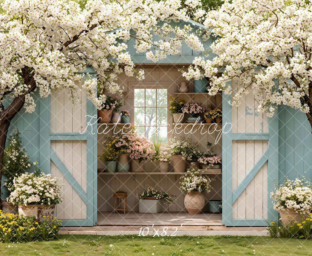 Kate Spring Flowering Trees Blue Shed Backdrop Designed by Emetselch -UK