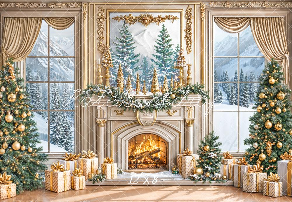 Kate Christmas Gold Fireplace Trees Fleece Backdrop Designed by Emetselch -UK