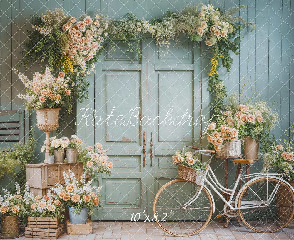 Kate Spring Garland Bicycle Vintage Blue Fleece Backdrop Designed by Emetselch -UK