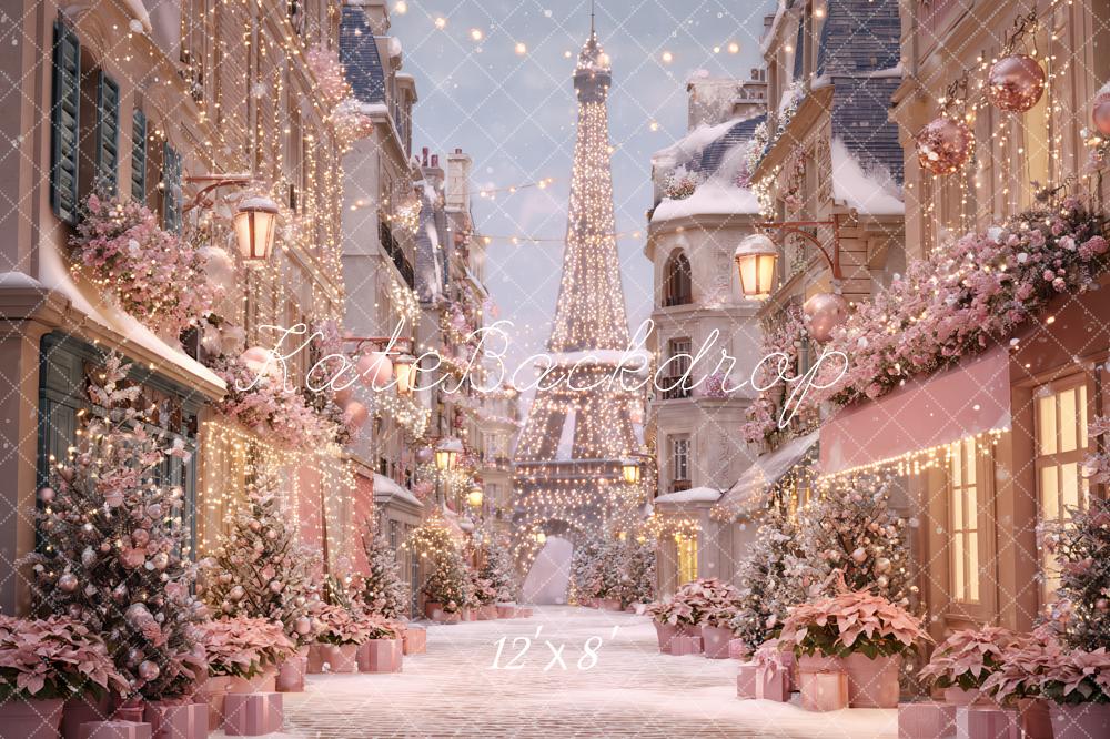 Kate Christmas Street Eiffel Tower Pink Backdrop Designed by Ashley Paul