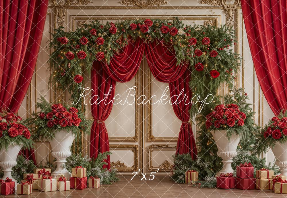 Kate Christmas Red Curtains Roses Gifts Backdrop Designed by Emetselch