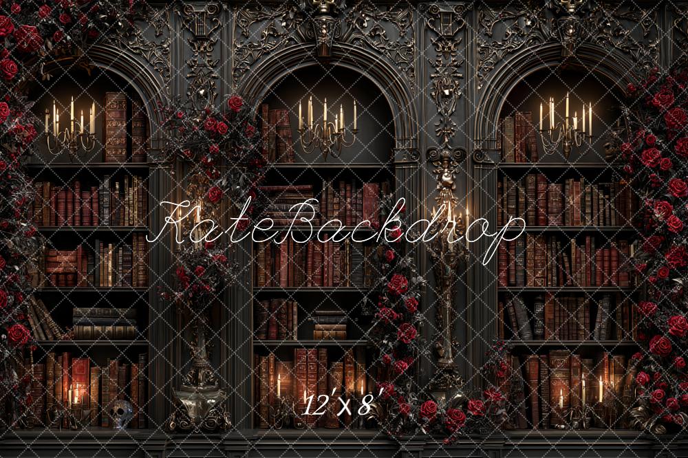 Kate Gothic Bookshelf Candlelight Red Roses Backdrop Designed by Ashley Paul
