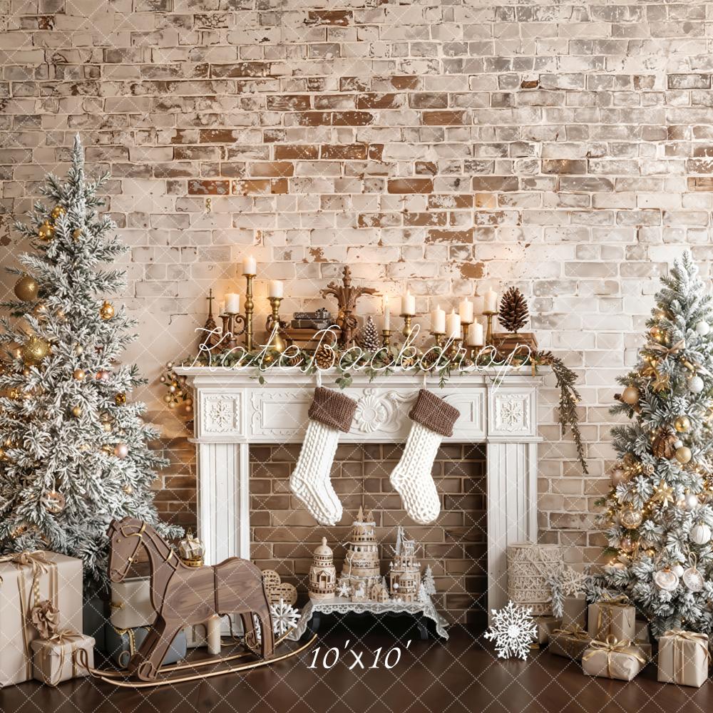 Kate Christmas Fireplace Trees Vintage Wall Backdrop Designed by Emetselch -UK