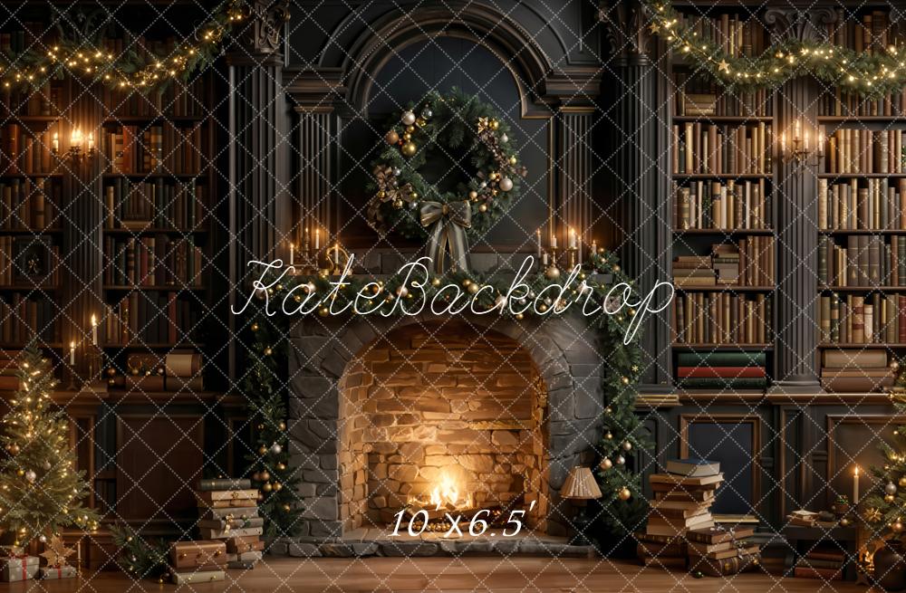 Kate Christmas Fireplace Wreath Bookshelves Backdrop Designed by Emetselch