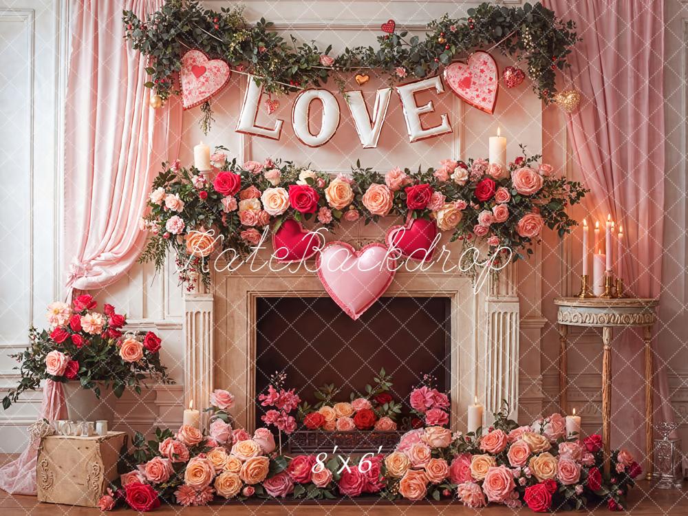 Kate Love Hearts Roses Fireplace Fleece Backdrop Designed by Emetselch -UK