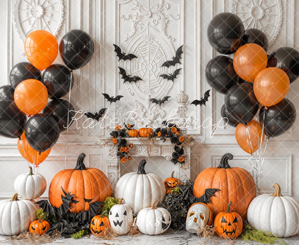 Kate Halloween Pumpkins Balloons Bats Fleece Backdrop Designed by Emetselch -UK