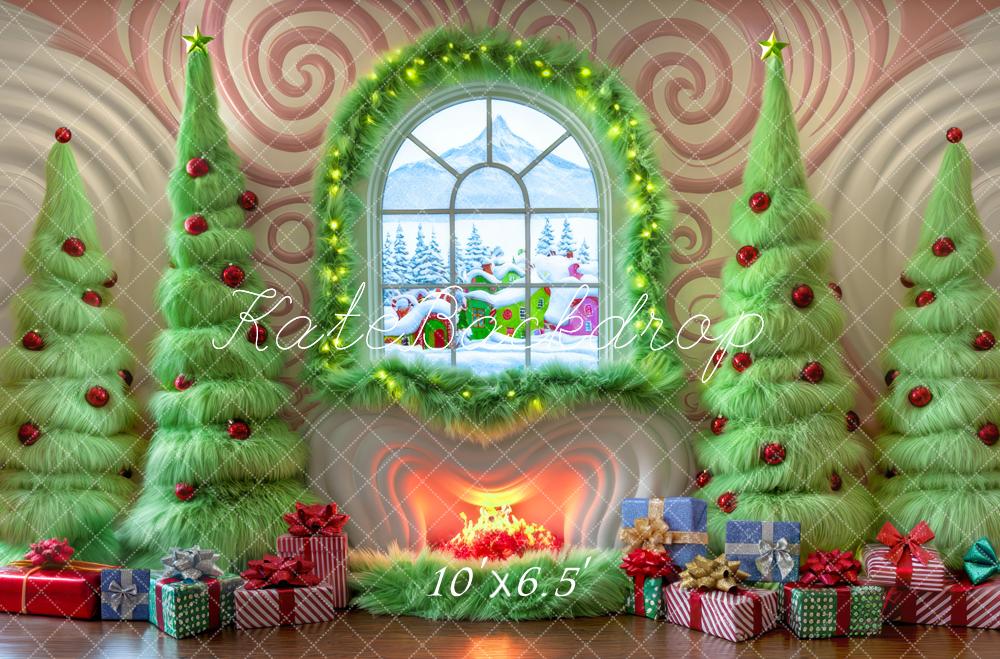 Kate Christmas Green Trees Fireplace Window Backdrop Designed by Mini MakeBelieve