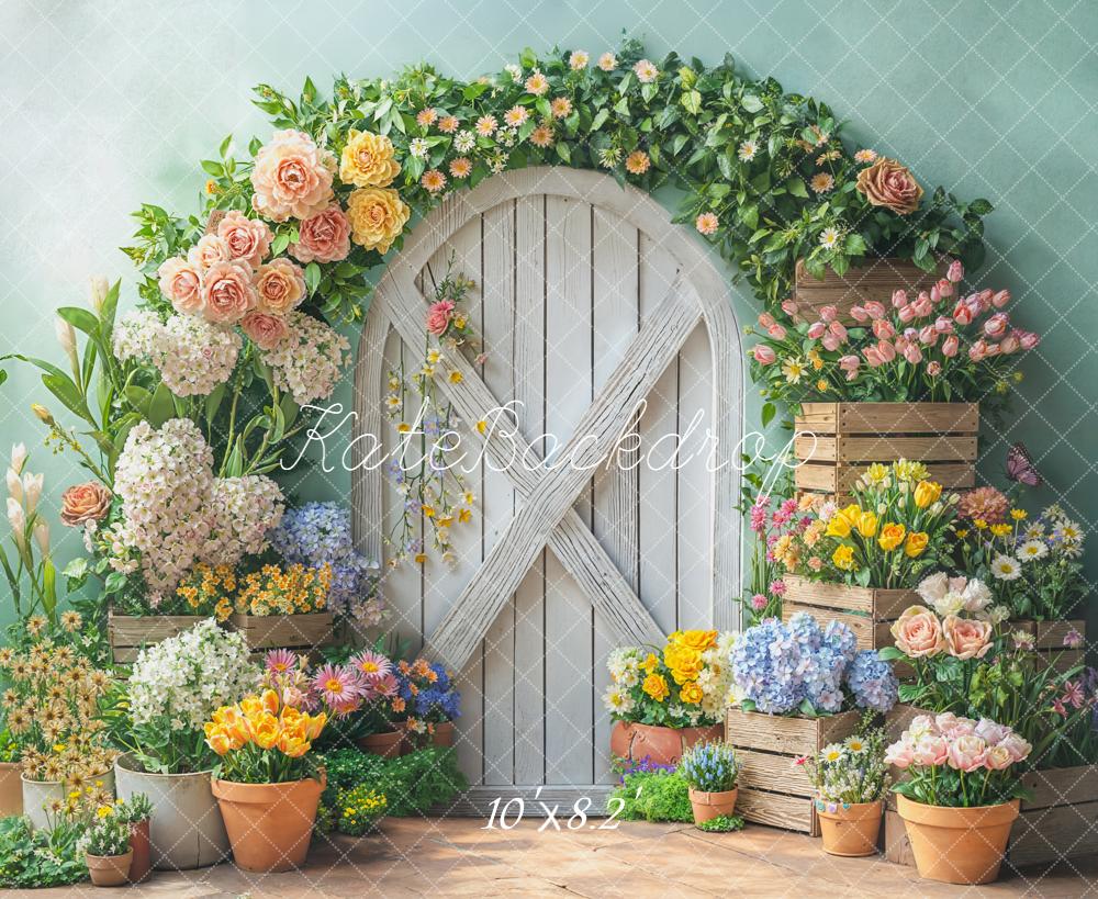 Kate Spring Garland Wooden Door Crates Fleece Backdrop Designed by Emetselch -UK