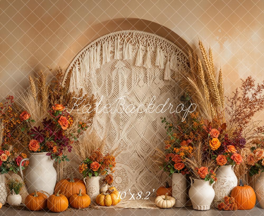 Kate Autumn Pumpkin Floral Macrame Boho Backdrop Designed by Emetselch -UK