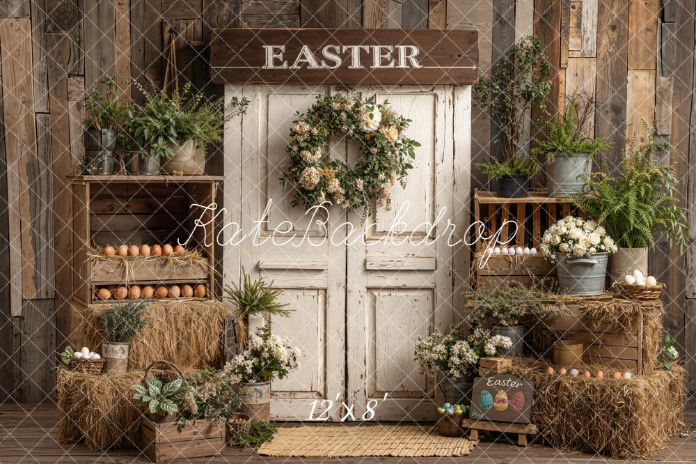 On Sale Kate Easter Rustic Door Hay Eggs Backdrop Designed by Emetselch