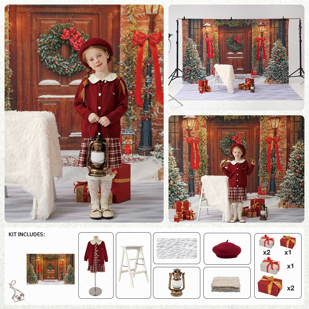 Kate Winter Christmas Tree Red Front Wooden Door Wreath Photo Kit -UK