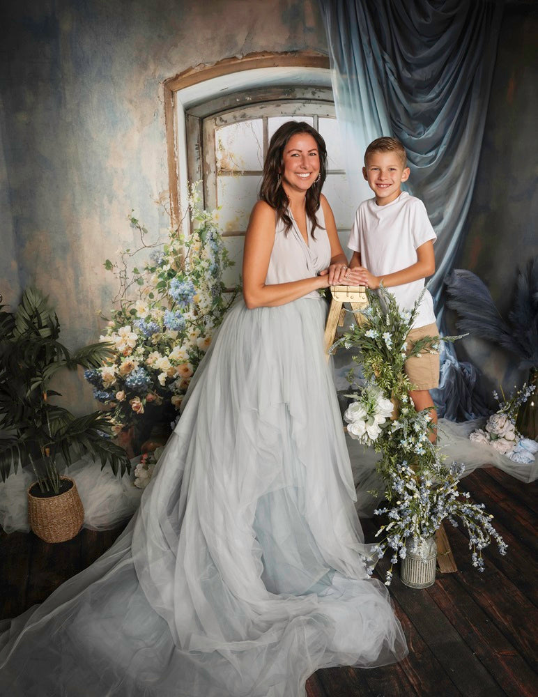 Kate Spring Blue Curtains Flowers Windows Room Backdrop Designed by Emetselch -UK