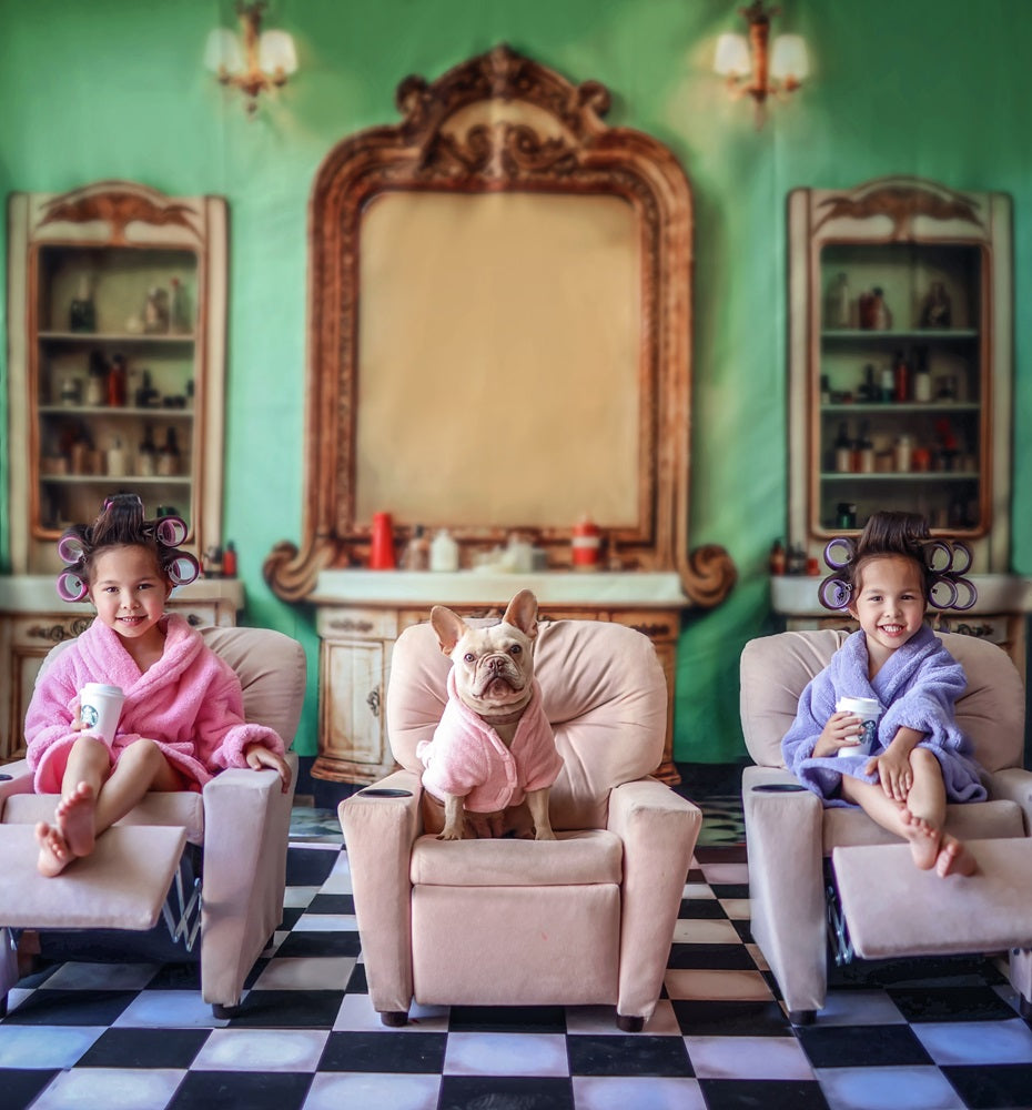 Kate Retro Washbasin Green Wall Backdrop Designed by Emetselch -UK