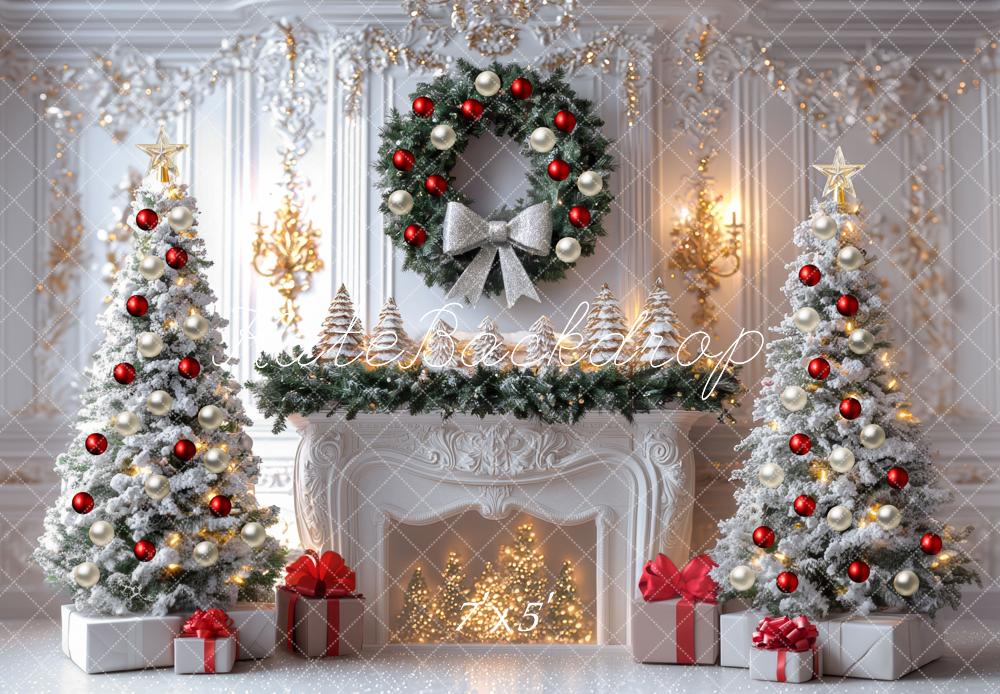 Kate Christmas White Fireplace Wreath Trees Backdrop Designed by Mini MakeBelieve -UK