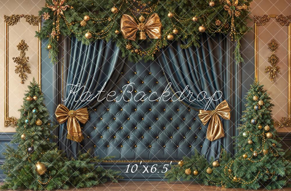 Kate Christmas Blue Headboard Gold Bows Fleece Backdrop Designed by Emetselch -UK