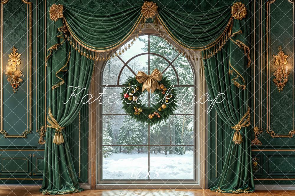 Kate Christmas Window Wreath Green Curtains Fleece Backdrop Designed by Emetselch -UK