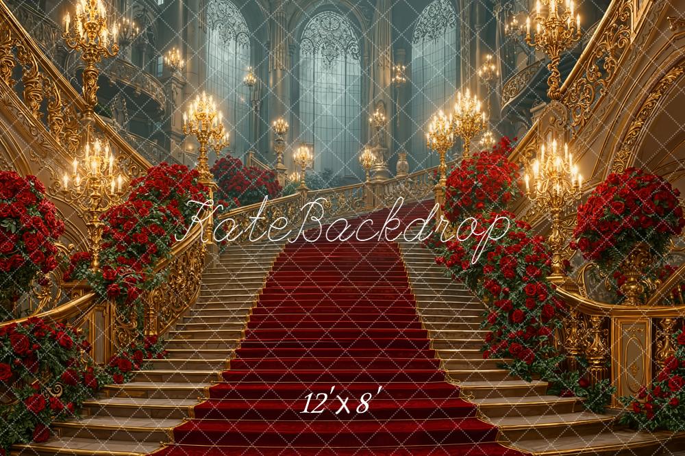 Kate Cascading Stairs Red Roses Grand Chandelier Fleece Backdrop Designed by Emetselch -UK
