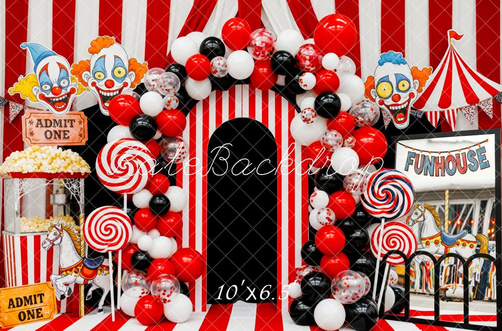 Kate Circus Clown Striped Balloons Funhouse Backdrop Designed by Patty Robert