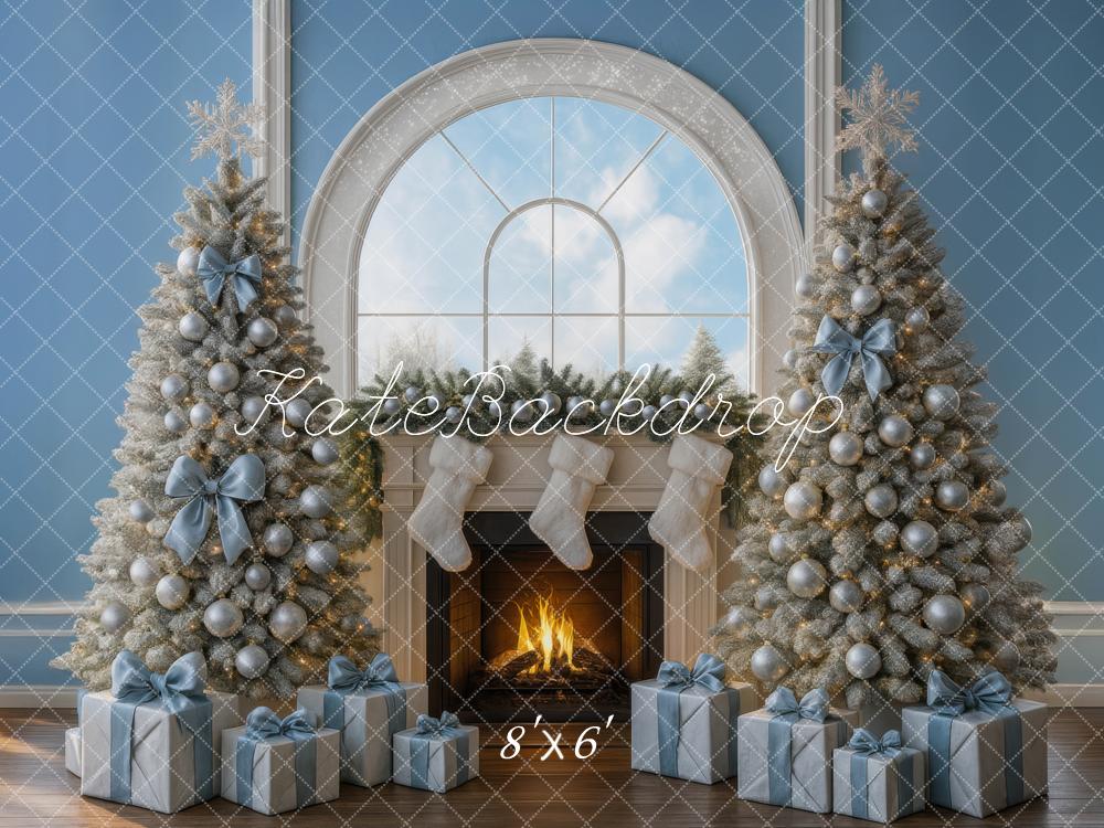 Kate Christmas Fireplace Blue Gift Boxes Trees Backdrop Designed by Mini MakeBelieve -UK