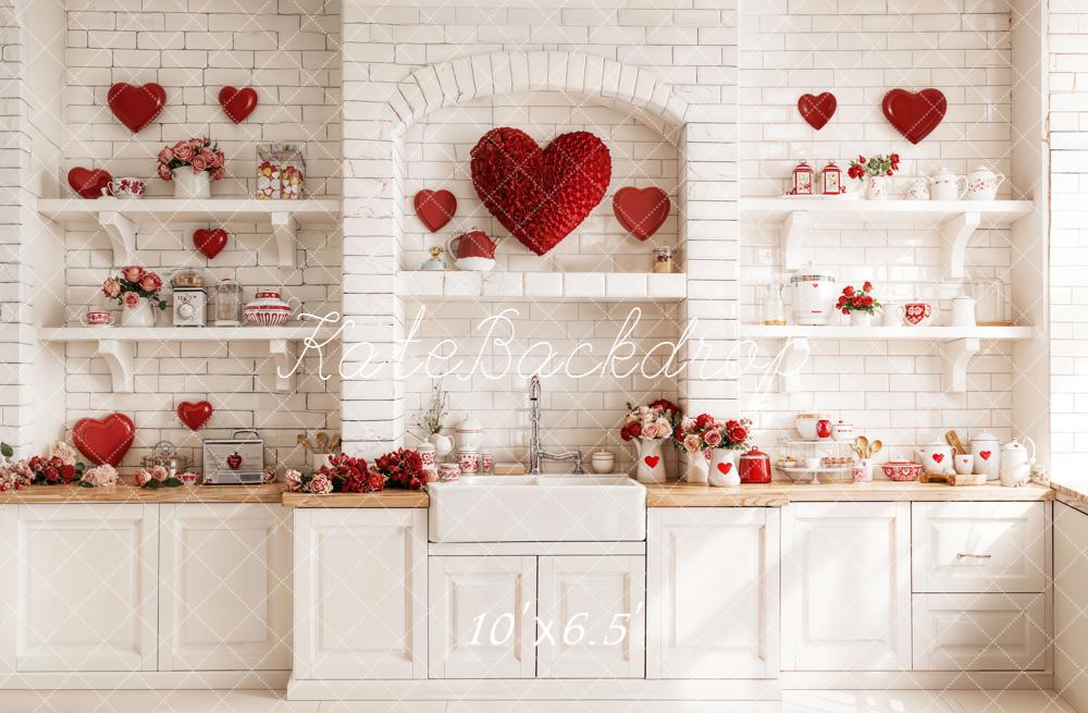 Kate Valentines Kitchen Hearts Shelves White Brick Fleece Backdrop Designed by Emetselch -UK
