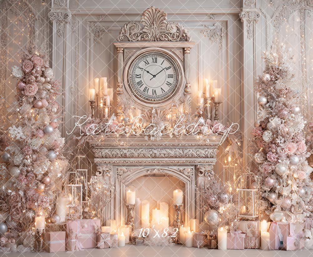 Kate Christmas Clock Fireplace Pink Trees Backdrop Designed by Ashley Paul