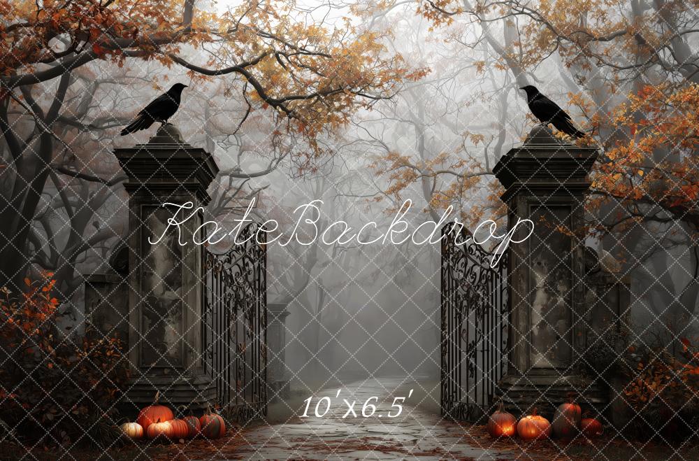 Kate Halloween Gate Ravens Pumpkins Autumn Backdrop Designed by Patty Robert